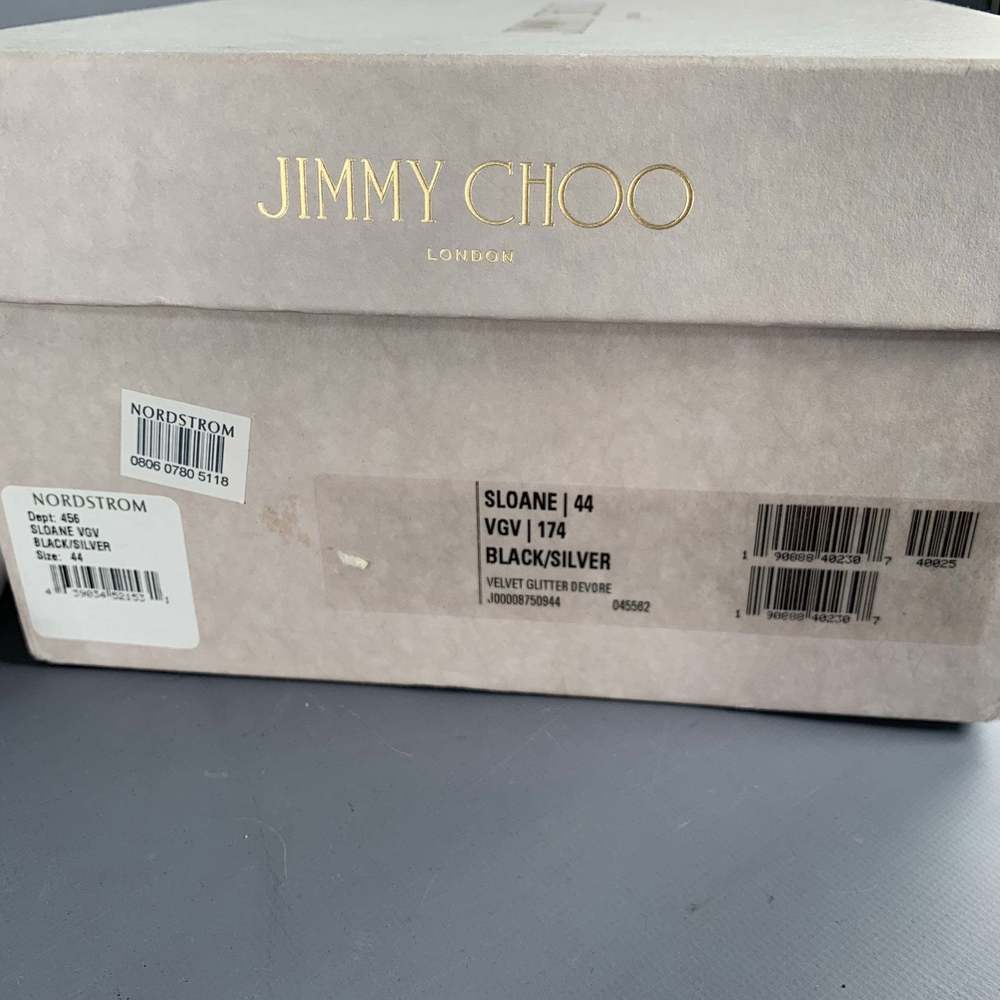 JIMMY CHOO Velvet Glitter Devore Sloan Black Silver Slip On Loafers - Picture 10 of 10